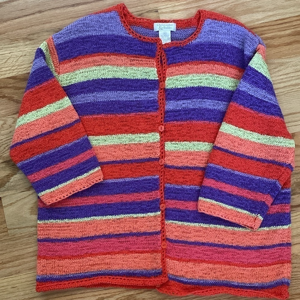 VTG Christopher Banks Rainbow Cardigan Knit Sweater Womens XL Artsy Art to Wear